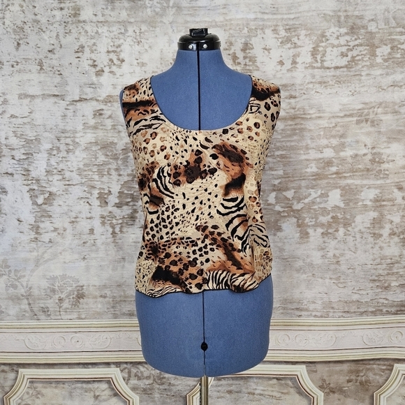 Vintage Y2K Animal Print Tank Top Shell Blouse Brown Fitted 90s 1990s 2000s - Picture 3 of 10